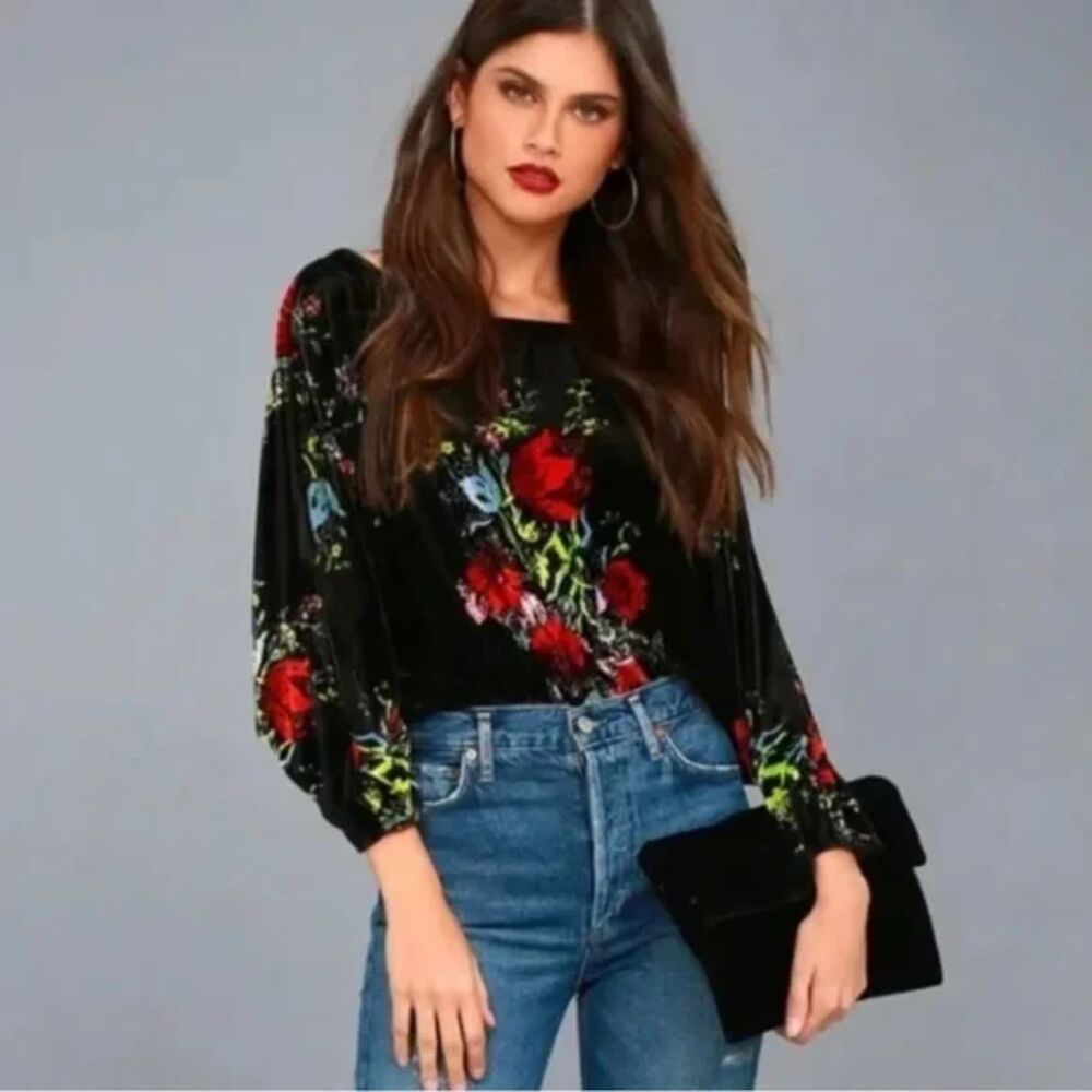 Intimately Free People Black Floral Velvet Bodysuit Size large